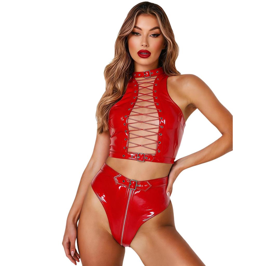 Women Hollow Out Front Tie Up Crop Top with Zipper Crotch High Waist Panties Glossy PU Leather Clubwear for Pole Dancing Rave Party