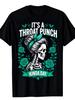 Men's Printed T Shirt 'Throat Hit Day' Features a Black Avant-Garde Skull Pattern with Floral Roses and Teal Accents.