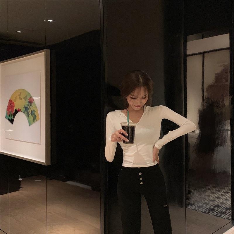 Women's Cropped Hooded Long Sleeve Top Slim Fit Blouse