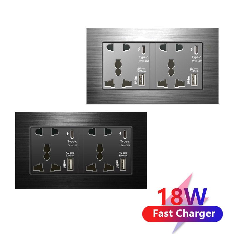 18W Type-C Fast Charging Universal 5-pin Dual Power Socket,Stainless Steel  Electrical Outlet with DC 5V 3.1A Type-c USB Charger