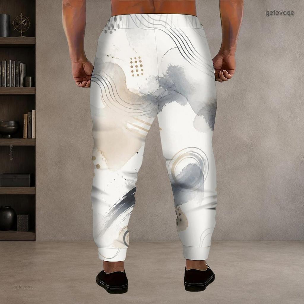 Men S Plus Size Abstract Printed Drawstring Jogger Pants White Grey Beige Cuffed Ankle Side Pockets Trousers