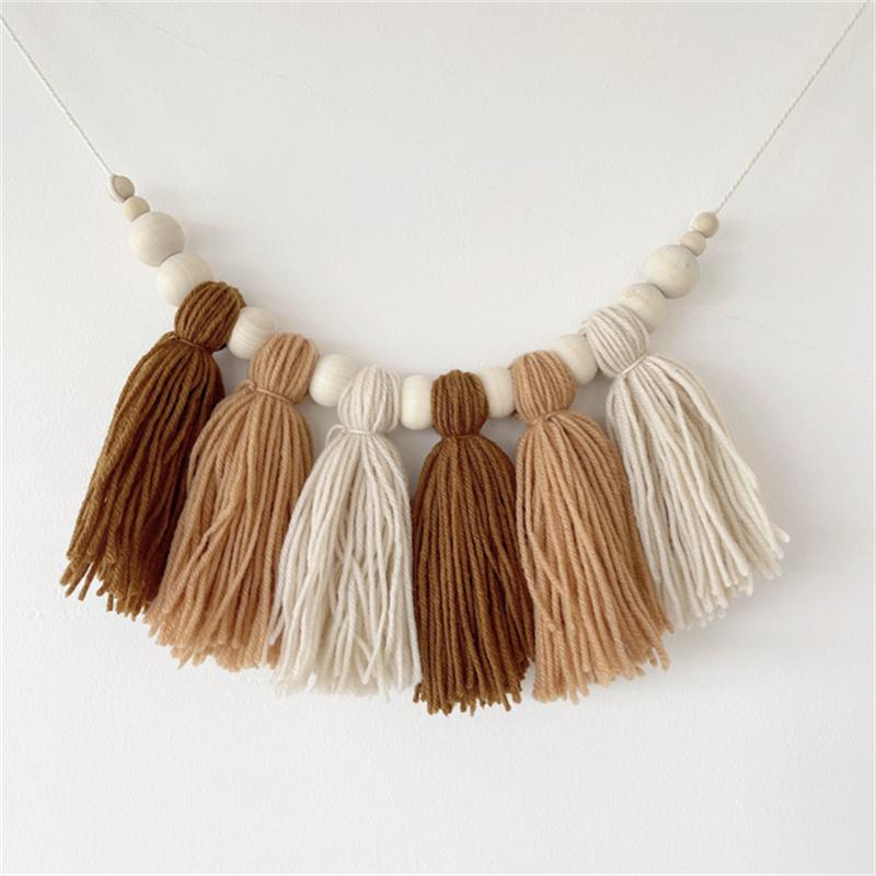 Boho Cotton Tassel Garland Wall Decoration with Wooden Beads Nursery Decor for Baby Room Tent Hanging Pendant Photo Props