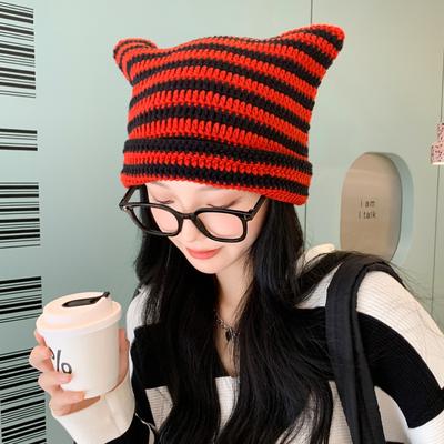 Neue Mütze Herbst und Winter Gestrickte Wollmütze Lustige Ausfuhr Katze Ohren Mütze Winter Warm Gestreifte Dämonenmütze Trend