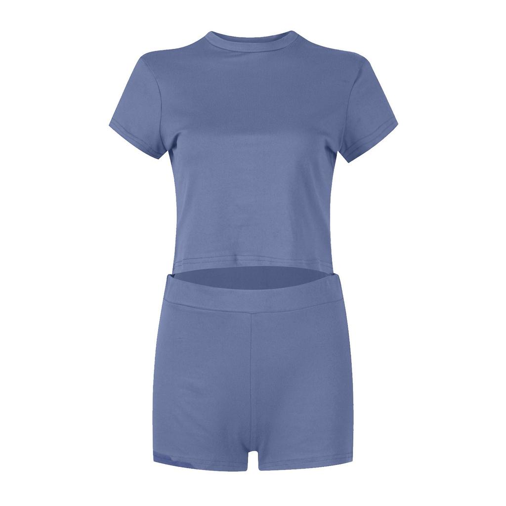 Women's Fashion Color Round Neck Slim Fit Short Sleeved Shorts Casual Sports Two Piece Set