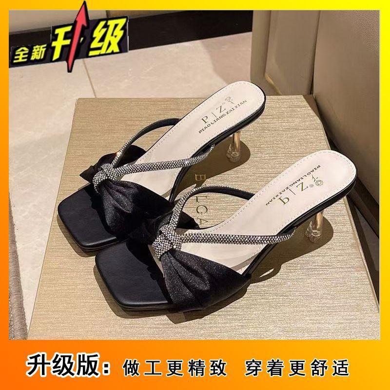 2025 Summer New Fashion Open-toed Square-headed Rhinestones with Slippers Female Sexy Outer Wear Stiletto High Heels Female