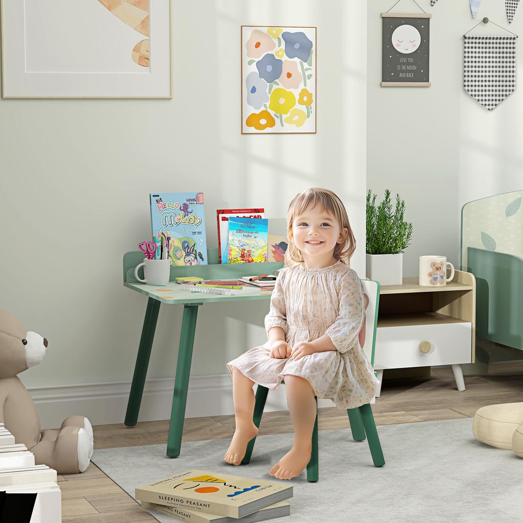 Children's Chair and Table Set with Storage Shelf, In MDF and Pine Wood, Green