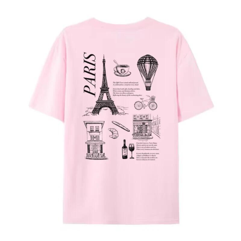 Paris France Loose Streetwear Graphic Tees Women Vintage Aesthetic Travel T Shirt Eiffel Tower Graphic Tees Unisex Vacation Tops