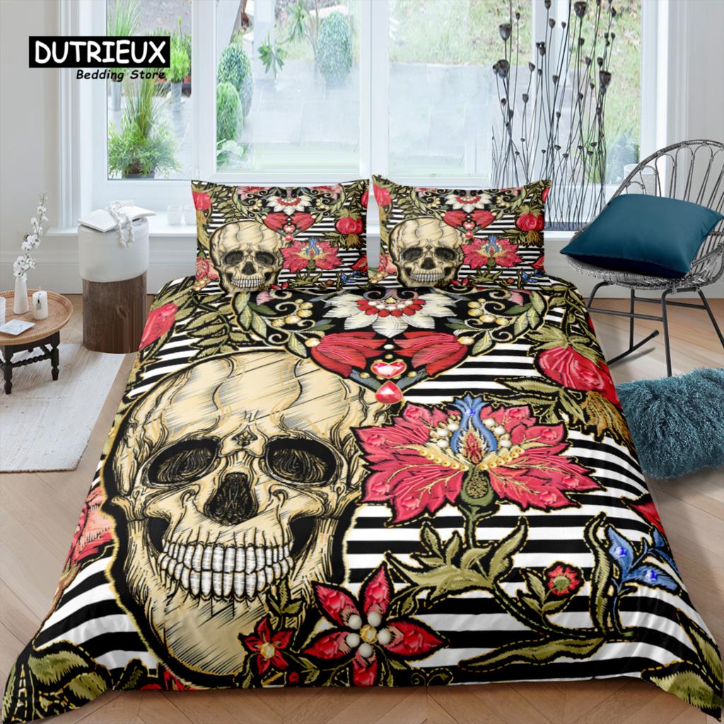 Home Living Luxury 3D Sugar Skull Bedding Set Flower Duvet Cover Pillowcase Kids Bedding Set Queen and King EU/US/AU/UK Size