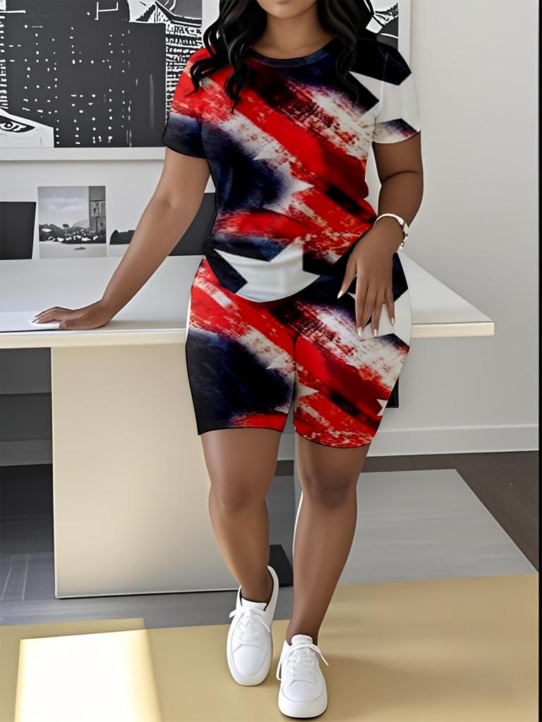1116 new casual sports style digital printing shoulder sleeve T-shirt high waist tight shorts fashion suit women