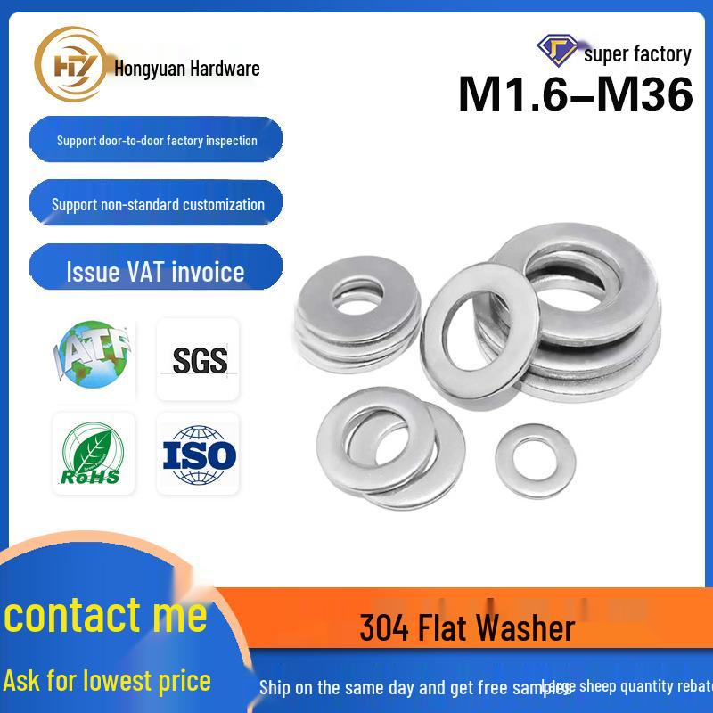 

M8 304 Stainless Steel Flat Washer - Round Metal Spacer for Hardware Screws M12*16*0.5