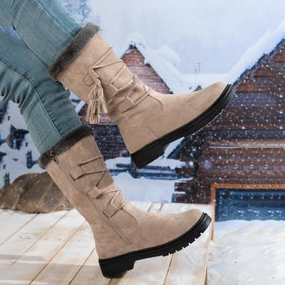 Women's Soft Elastic Winter Warm Cold Padded Tassel Snow Boots Non-slip Wear Outdoor Leisure Sports Leather Mid-calf Cotton Boots