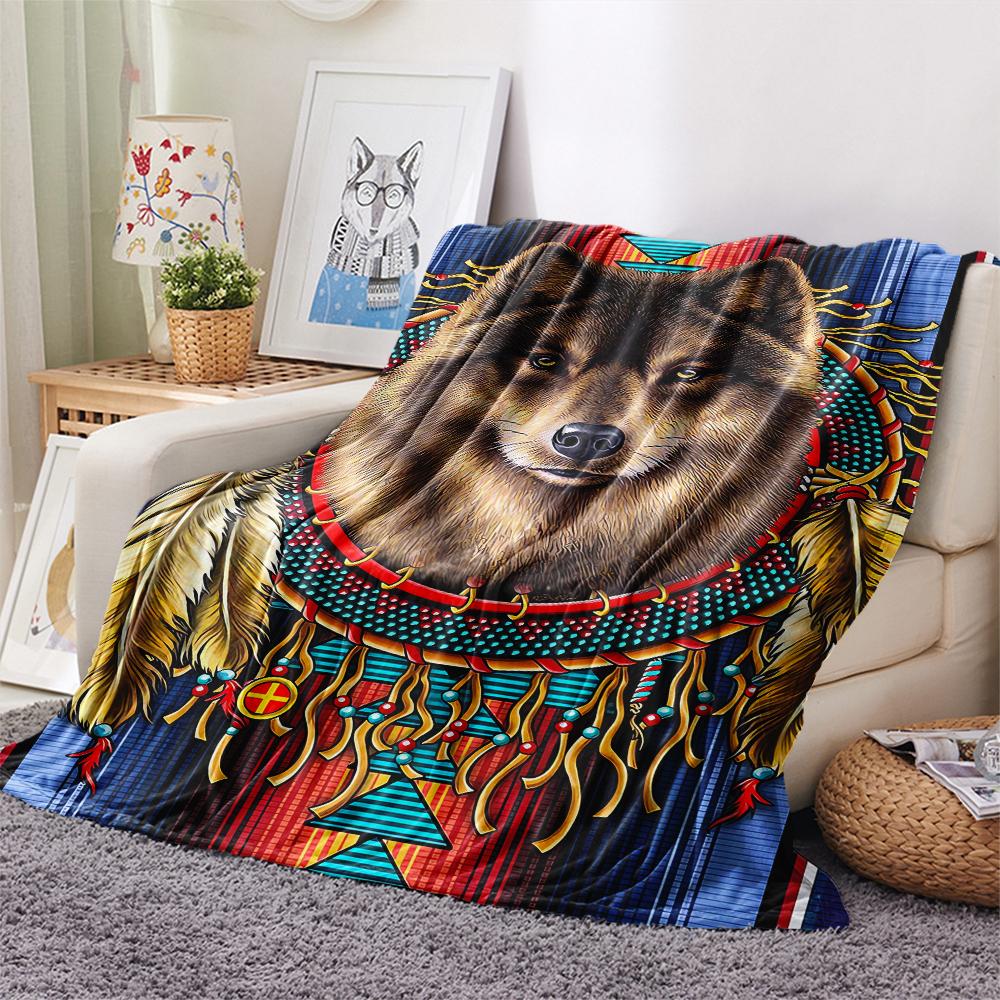 1Pc Natvie Wolf Print Flannel Blanket, High quality Comfortable for All Seasons, Home Decor, Warmth and Comfort, Perfect for Christmas Gifts