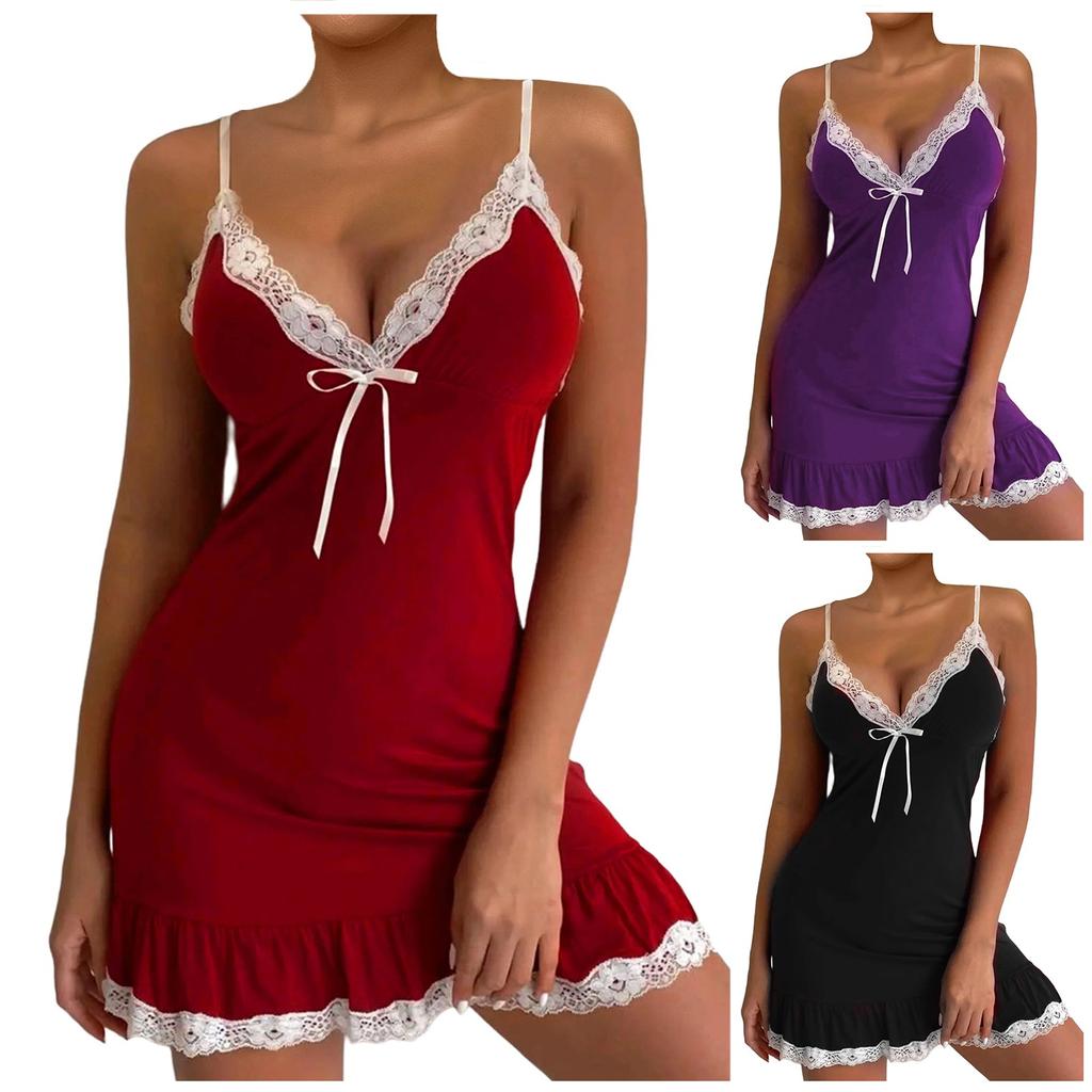 Women's Sexy Lingerie Bow Tie Solid Color Lace Trimmed Sling Backless Pajamas