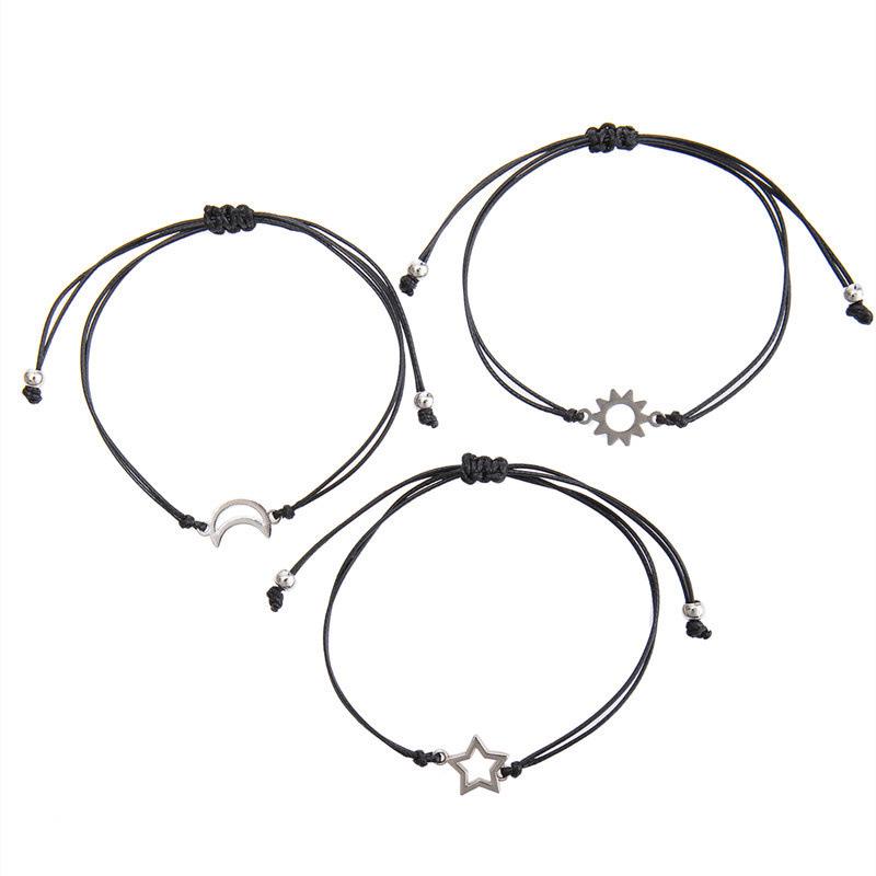 Sun Moon Stars Wax Cord Bracelet Set - Handmade 3-Piece for Friends & Couples