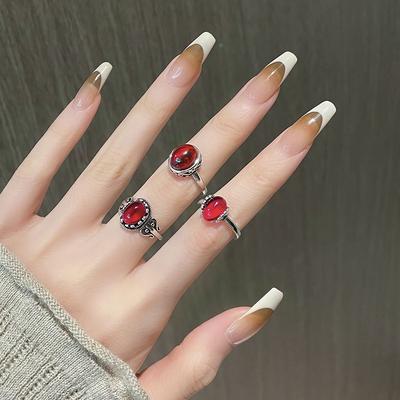 Red Agate Retro Hollow Pattern Chalcedony Exaggerated Index Finger Opening Ring Women'S Adjustable Personality Fashion Ring