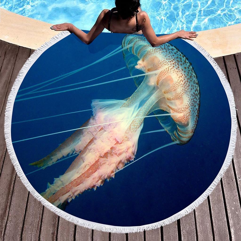Jellyfish Round Beach Towel Microfiber Absorbent Quick Dry Sand Free Picnic Mat for Bathroom Pool Surf Travel Outdoor Meditation