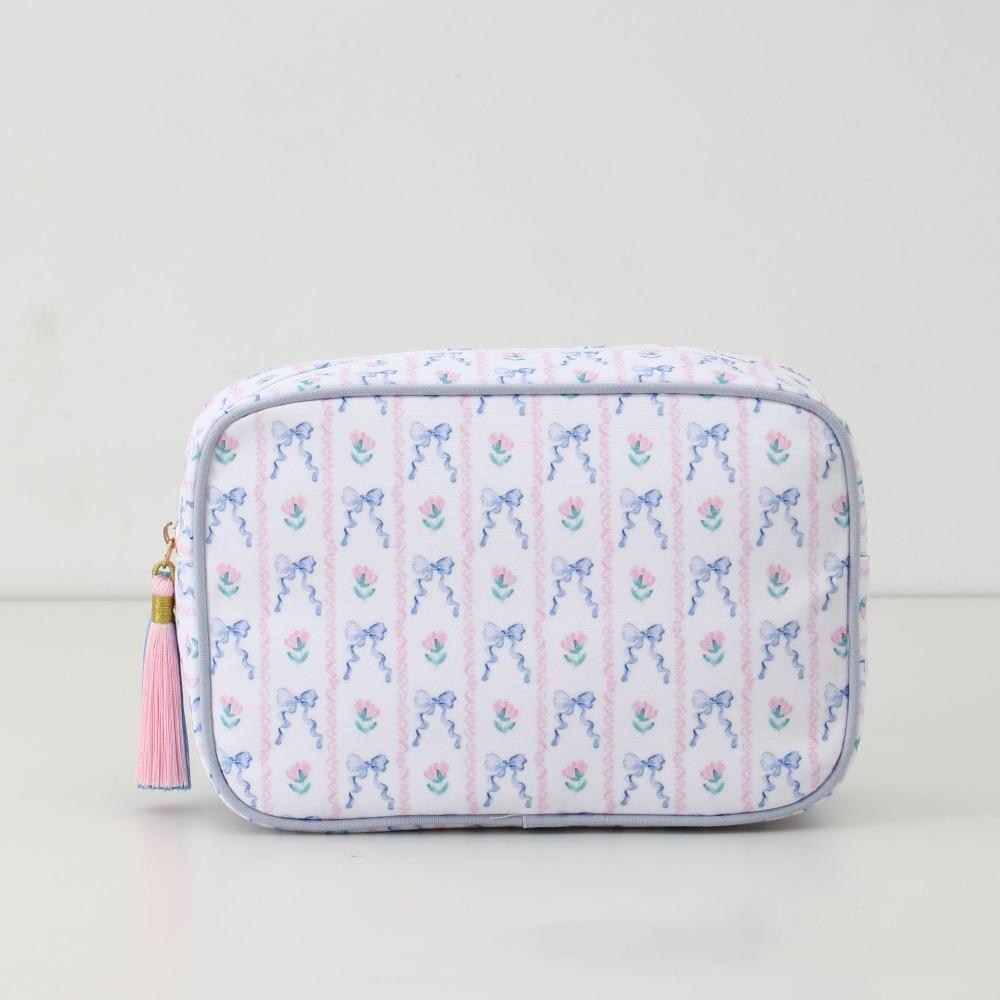 

Cute Bow Print Tassel Cosmetic Bag Canvas Zipper Toiletry Bag Large Capacity Portable Travel Storage Bag