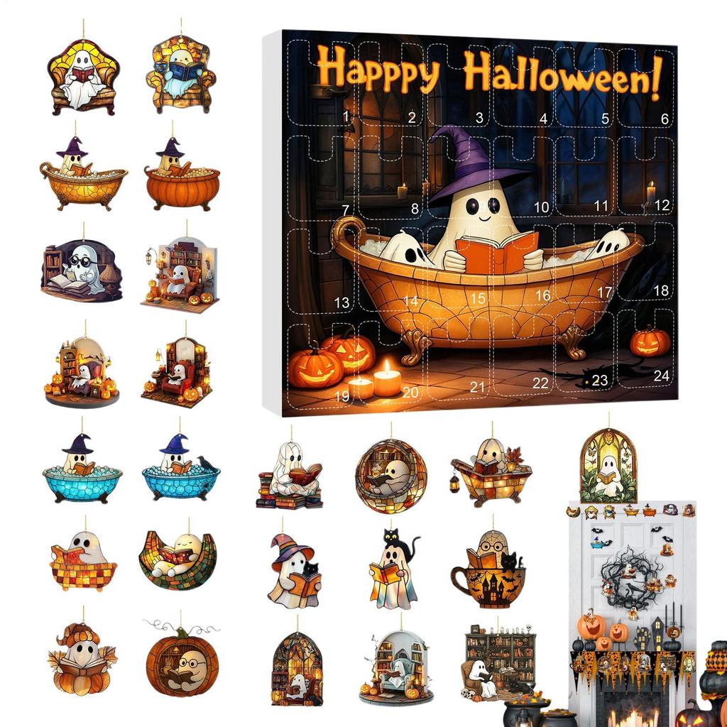 2025 Halloween Countdown Calendar 24PCS Acrylic Ghosts Bubble Bath Decorations Horror Ghosts Reading Books Advent Calendar