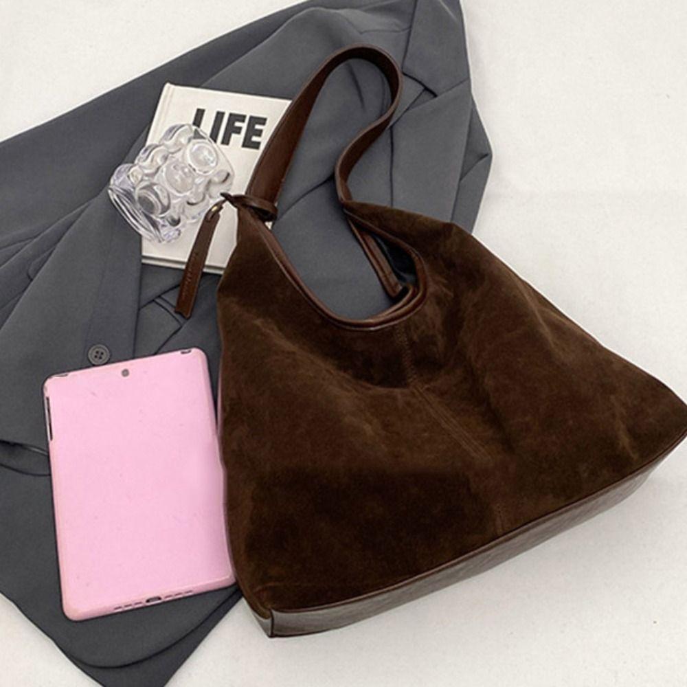 Korean Style Suede Tote Bag Solid Color Underarm Packs Casual Large Capacity Handbag  Travel