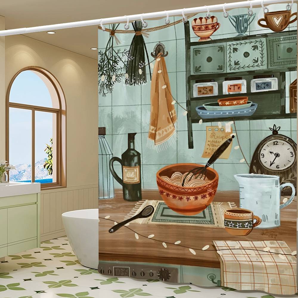 Söta Duschdraperier för Kökstjejer 180cm Polyester Modern Stil Badrumsgardin Med Krokar Vattentätt Roligt Duschdraperi