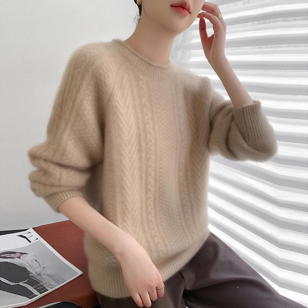 2025 A/W Women's Pure Wool Cable Knit Pullover: Round Neck, Rolled Hem, Seven-Stitch, Thickened Long Sleeve Sweater.