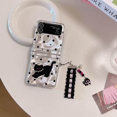 Art Water Ripple Dots Little Black Cat Phone Case With Chain For Samsung Galaxy Z Flip3 4 5 6Folding Creative Niche Women