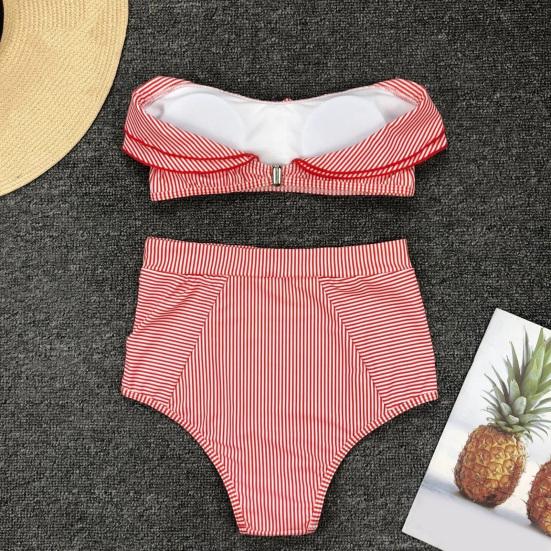 2Pcs/Set Women Bikini Set Ruffle Trim Bandeau Padded Push-Up Bra High Waisted Briefs Set Striped Print Beachwear