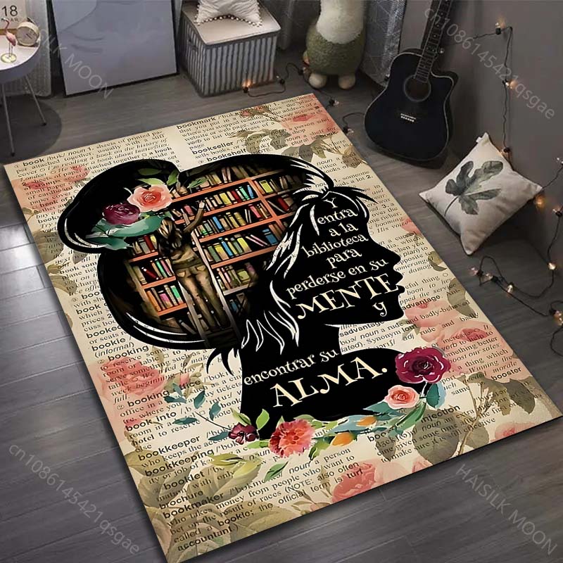 Bookshelf Newspaper Flowers Printed Carpet for Bedroom Living Room Bedside Sofa Floor Mat Modern Home Decor Area Rug