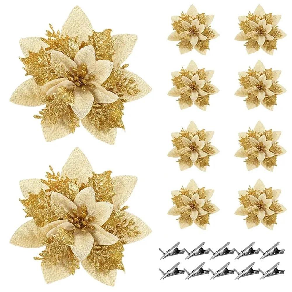 10Pcs with Clips Artificial Flowers for Christmas Tree Christmas Fake Flowers Pendant Home Decor