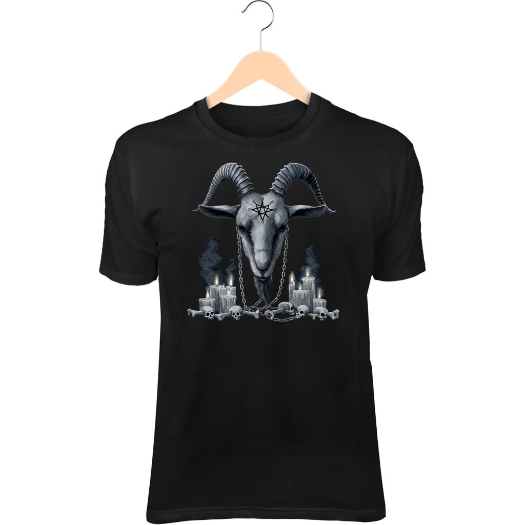 Dark Goat Skull T-Shirt – Twisted Horns, Smoke & Candlelight, Gothic Ritual Art