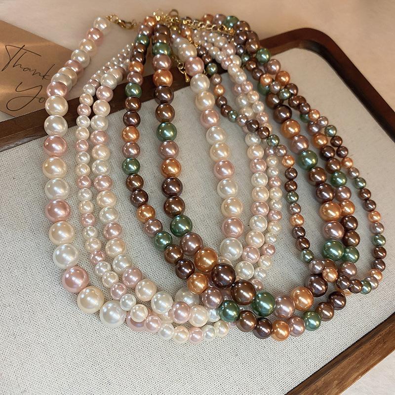 Fashion versatile color matching pearl necklace retro niche high-end sense collarbone chain personality light luxury design sense necklace women