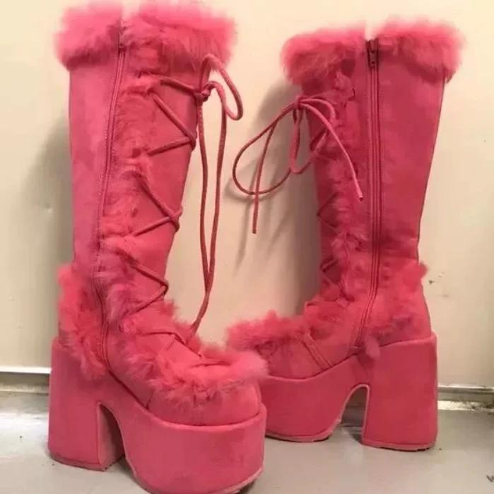 Nowe zimowe damskie buty śnieżne na platformie, klinowe, na wysokim obcasie, sztuczne futro, damskie buty, pluszowe, ciepłe, antypoślizgowe, do połowy łydki, buty gotyckie