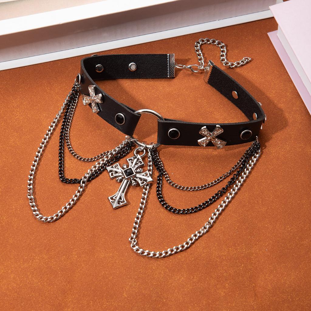 Dark Goth Punk Babes Choker Leather Collar Women Sweet Cool Collarbone Chain Cross Butterfly Necklace