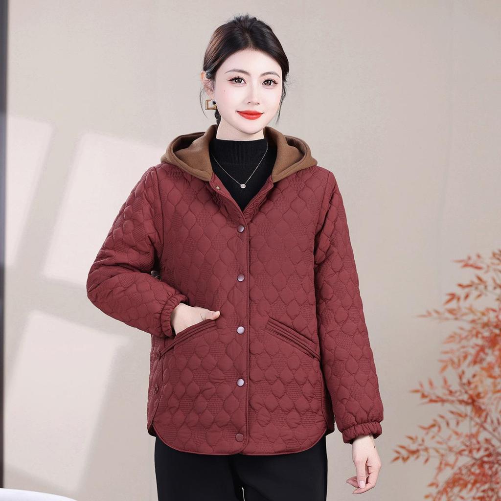 2025 Autumn/Winter Women's Diamond Pattern Hooded Cotton Coat - Warm Color Block Jacket for Middle-aged and Elderly Mothers