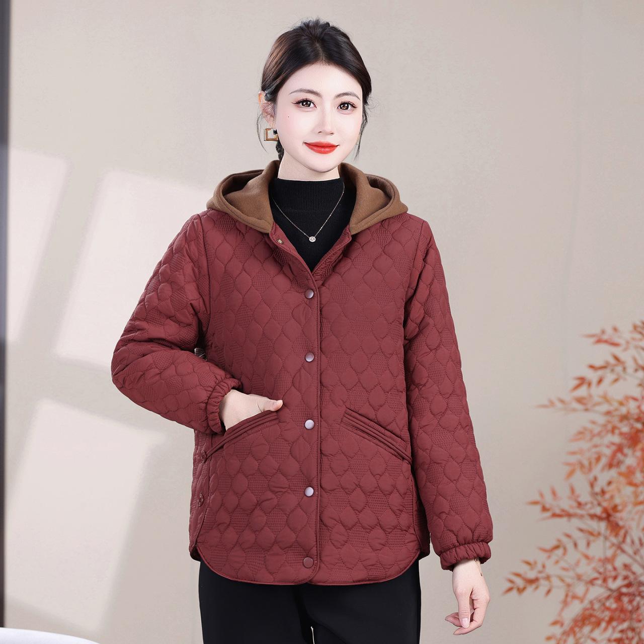 

2025 Autumn/Winter Women s Diamond Pattern Hooded Cotton Coat - Warm Color Block Jacket for Middle-aged and Elderly Mothers 4XL