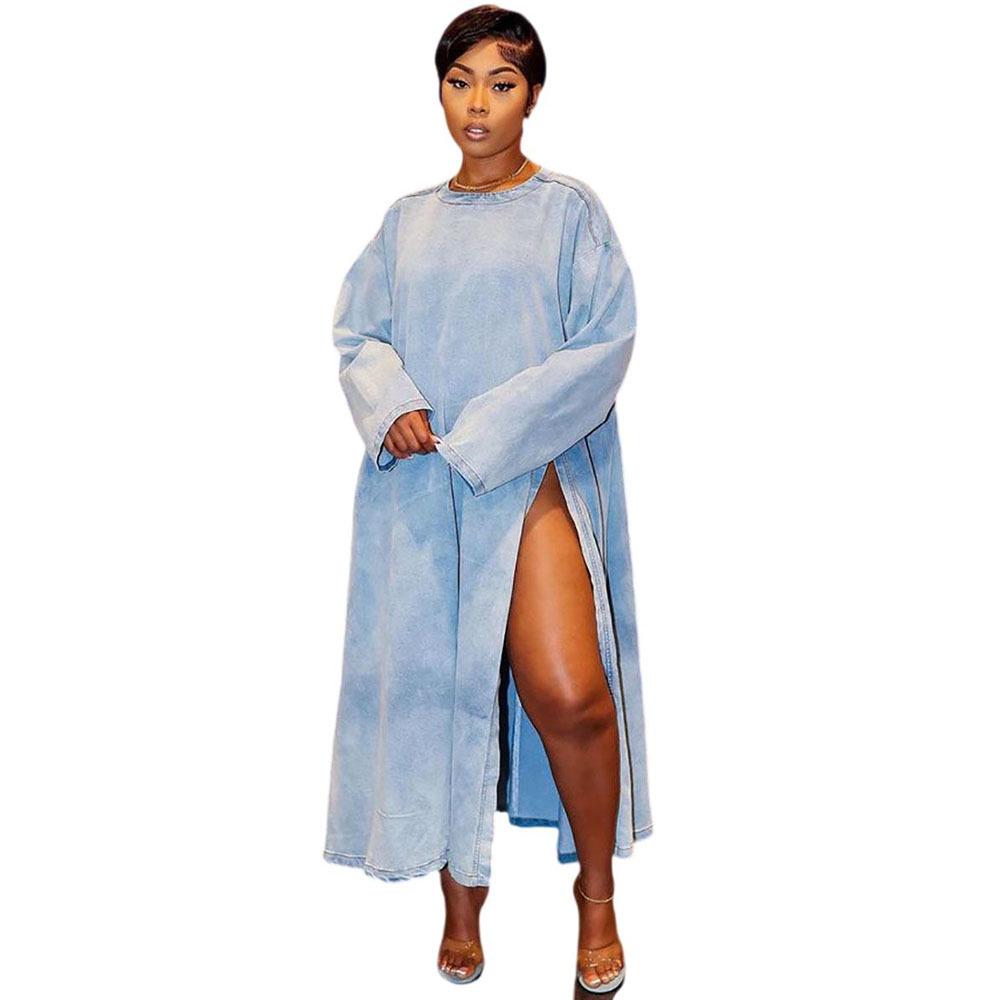 

Женское джинсовое платье с длинным рукавом и разрезом - Мода осень/зима L синий