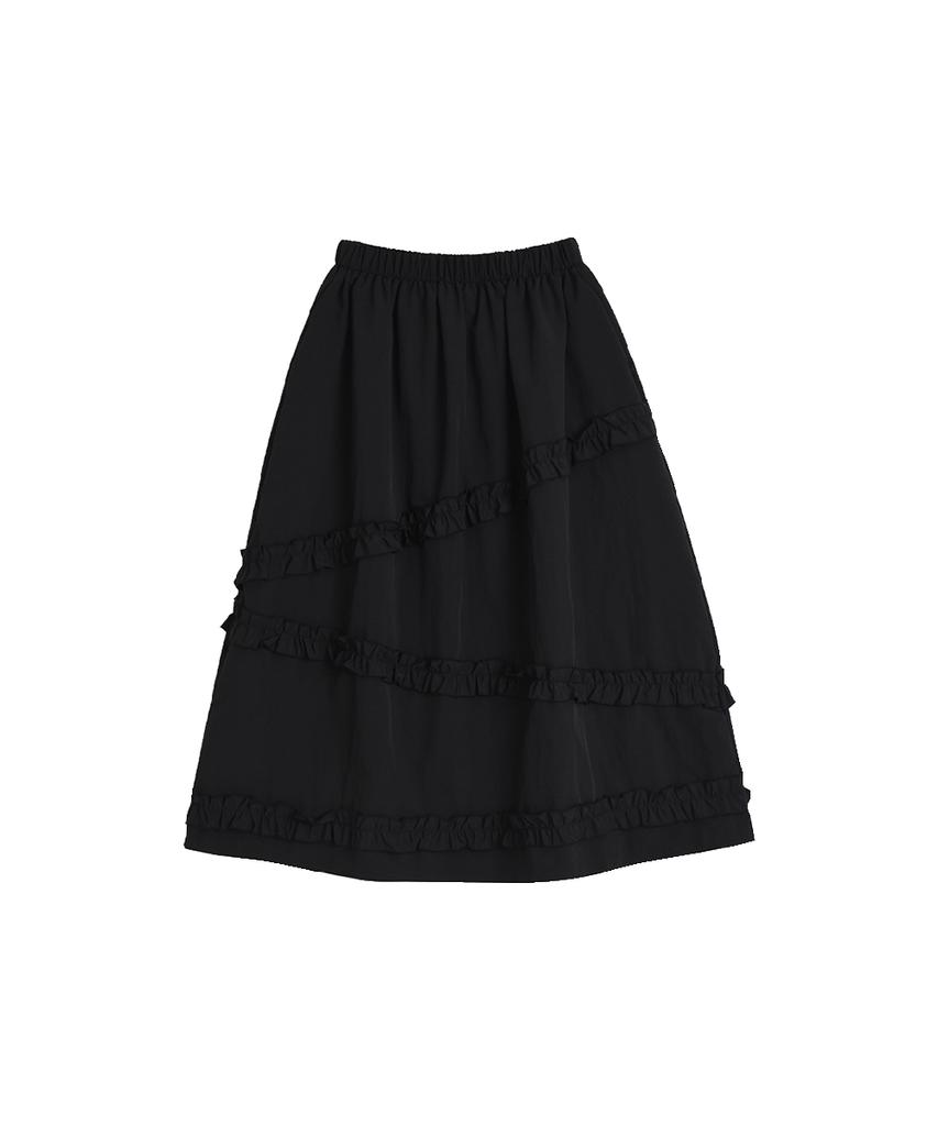 KOOKEESEE Nylon Frill Tiered Long Skirt_Black