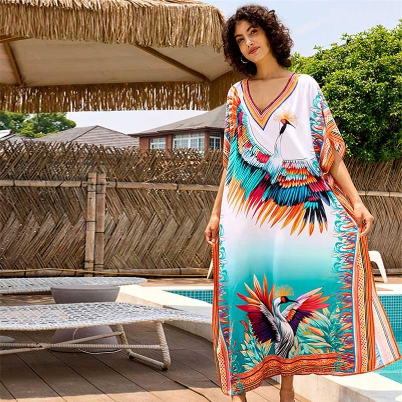 EDOLYNSA Sexy zahalení do plavek Velká velikost Kaftan 2024 Ženy Elegantní jeřábový potisk Plážové šaty s výstřihem do V Netopýr s rukávem Letní útulné domácí oblečení Q16744