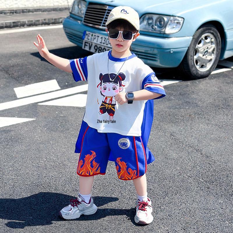 

Boys 2025 Nezha Cartoon Cotton T-Shirt & Shorts Set - Summer Casual Style 150 cm синій