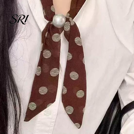 Satin Neck Scarf Women Imitation Pearl Buckle One-Piece Design Lightweight Chiffon Breathable Summer French Retro Black White Dot Collar Decorative