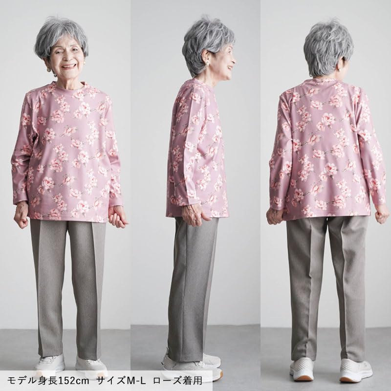 YOSOIKI Warm Brushed Printed Crew Neck Senior Suitable for Women In Their and 80s Dryer-Safe Double-Sided Top, Pink, M-L, Women's, Gift, Fashion, 60s,