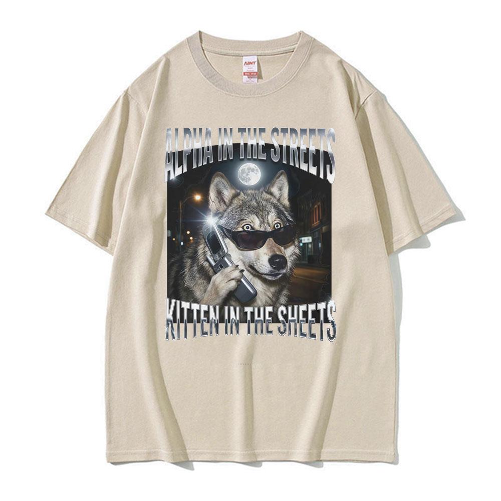 Alpha in den Straßen Kätzchen im Bett T-Shirt YK Lustiges Wolfs-Meme Grafik-T-Shirts Unisex Damenmode Humor Oversize-T-Shirt