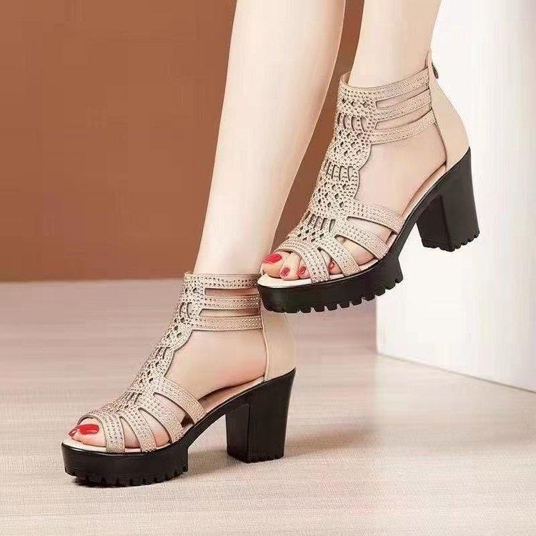 Summer Sandals Women's 2025 New Rhinestone Hollow Fashion Women's Sandals Fish Mouth Non-slip Versatile High-heeled Roman Sandals