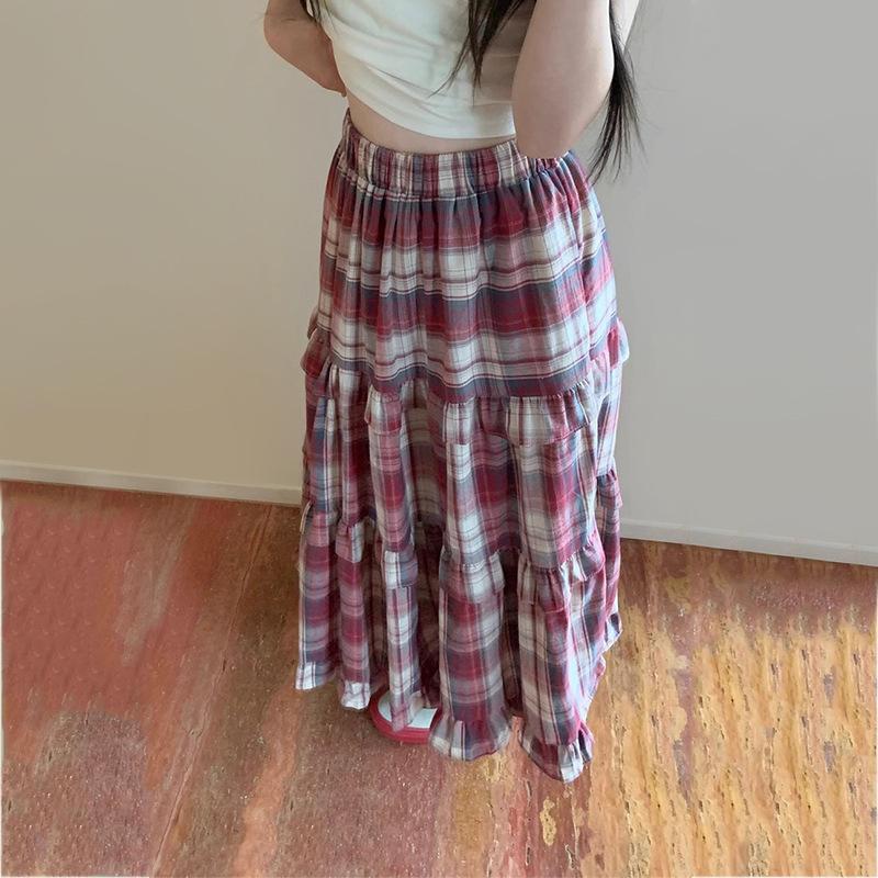 Dames Geruite Print Patchwork Elastische Taille Losse Casual Lange Rok