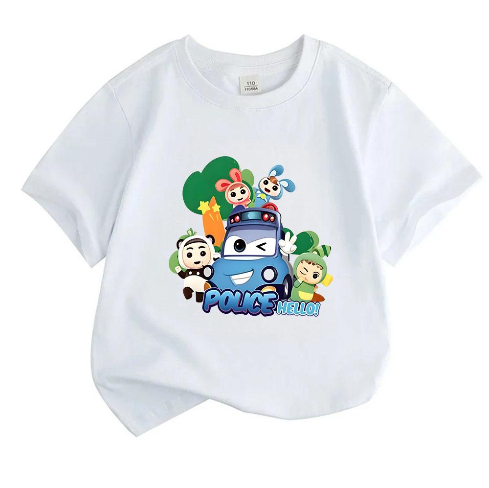 Kids Boys Girls Crew Neck Short Sleeve T Shirt, 100% Cotton Casual Tee with Cute Cartoon Police Car Lovely Characters Print for Children Daily Wear