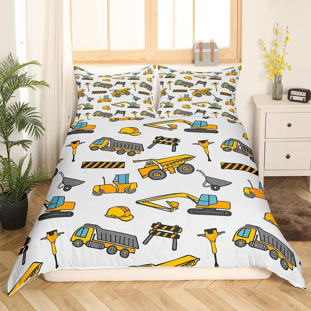 Truck Excavator King Queen Duvet Cover Yellow Tractor Bedding Set For Kids Boys Girls Cartoon Car Transporter 2/3pcs Quilt Cover