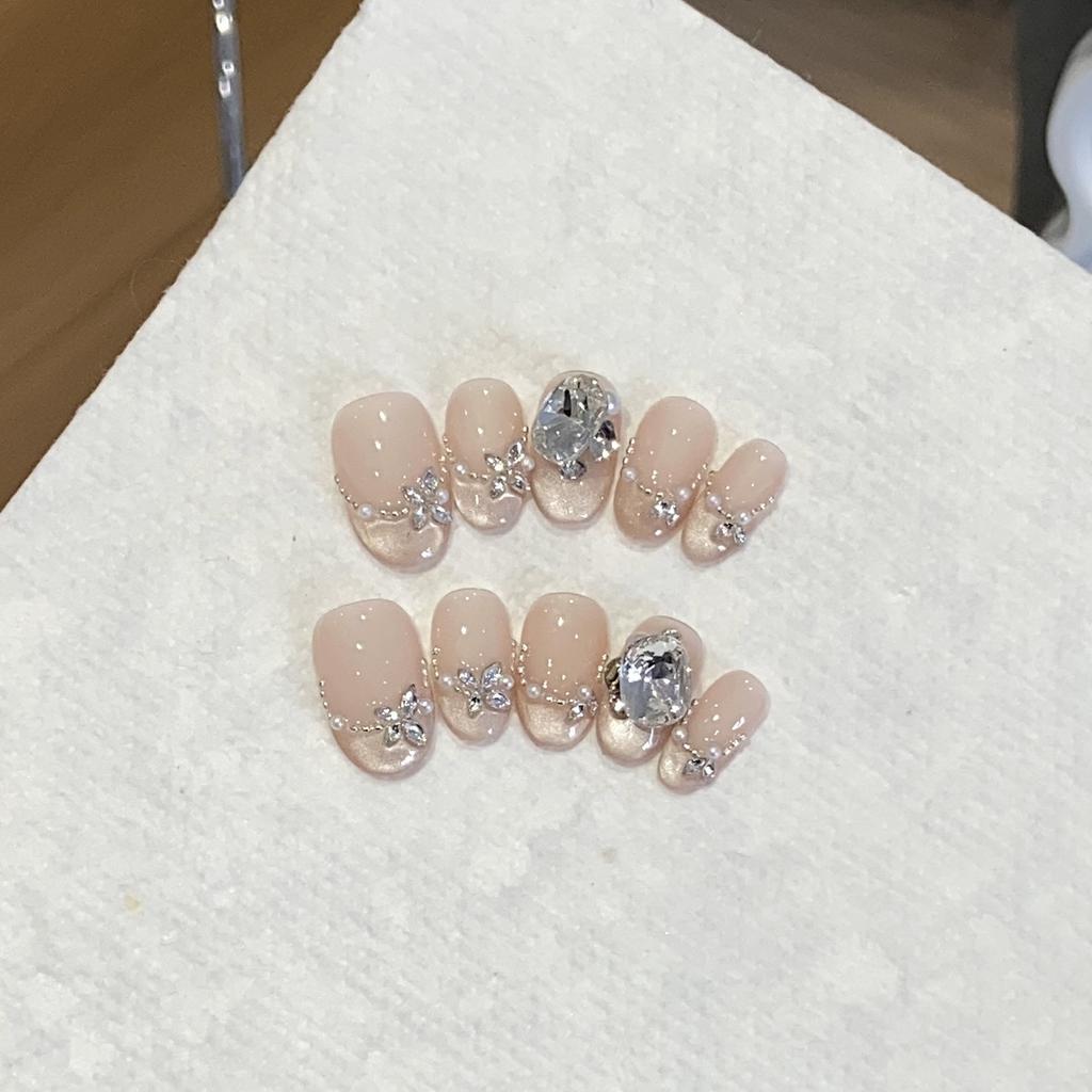 10Pcs French Handmade Press On Nails With Pink Rhinestone Design Artificial False Nail Tips