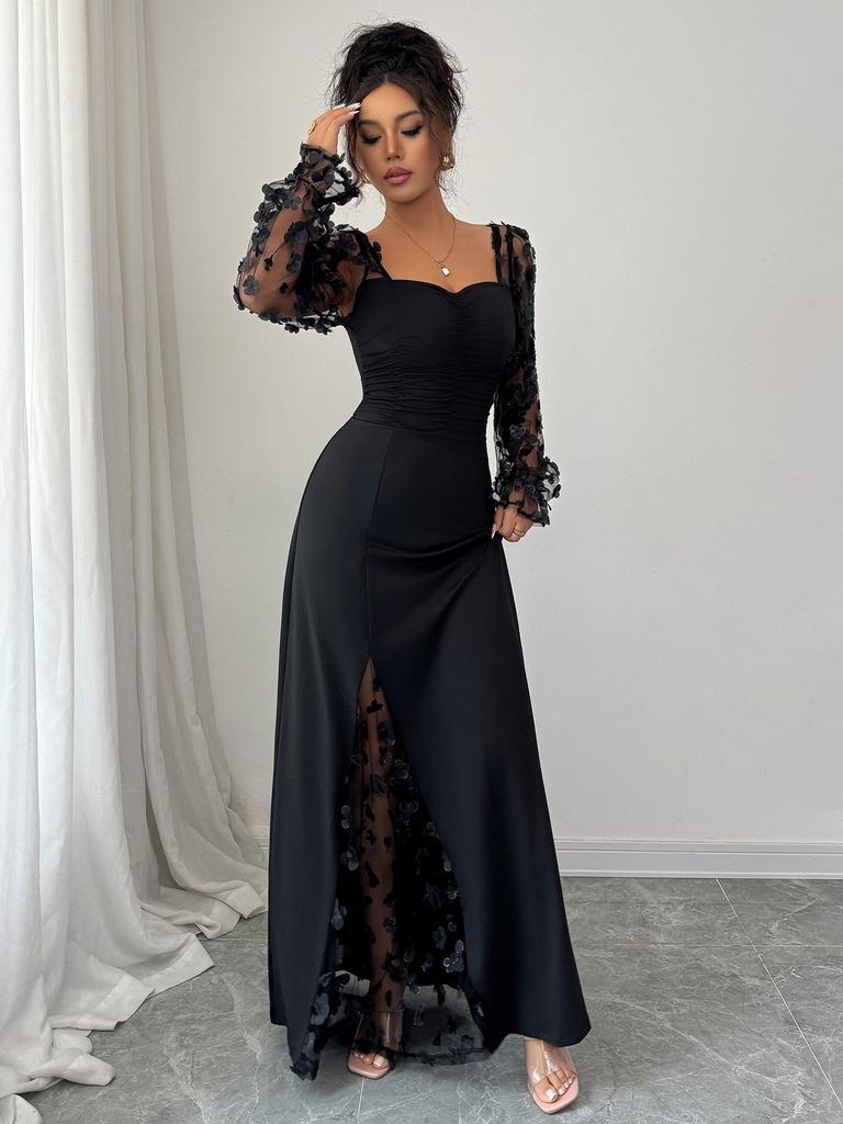 Elegante Abito Maxi Floreale a Rete Patchwork, Scollo Quadrato, Manica Lunga, Vita Alta, per Donna