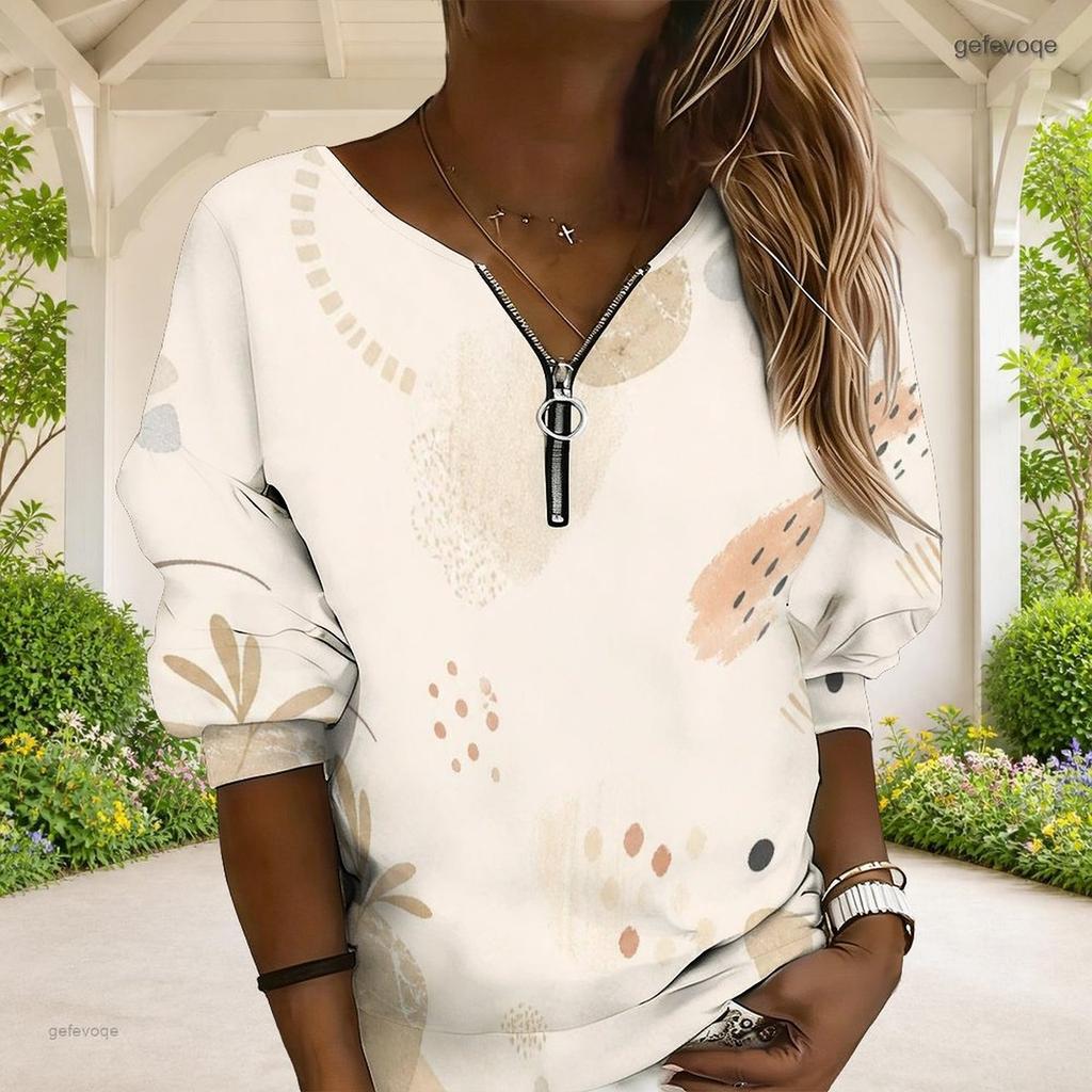 Women Plus Size Abstract Printed V Neck Front Zip Long Sleeve Sweatshirt With Ribbed Cuffs