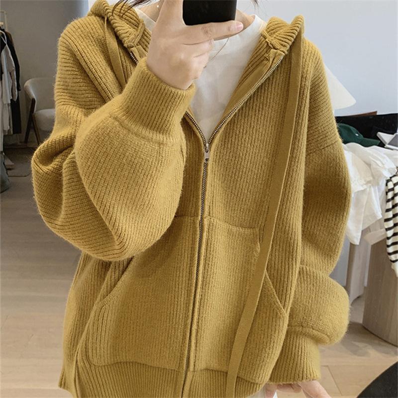 Autumn Winter Solid Knitting Zipper Hoodies Women Loose Casual All-match Cardigan Hooded Top Female Sweatshirt